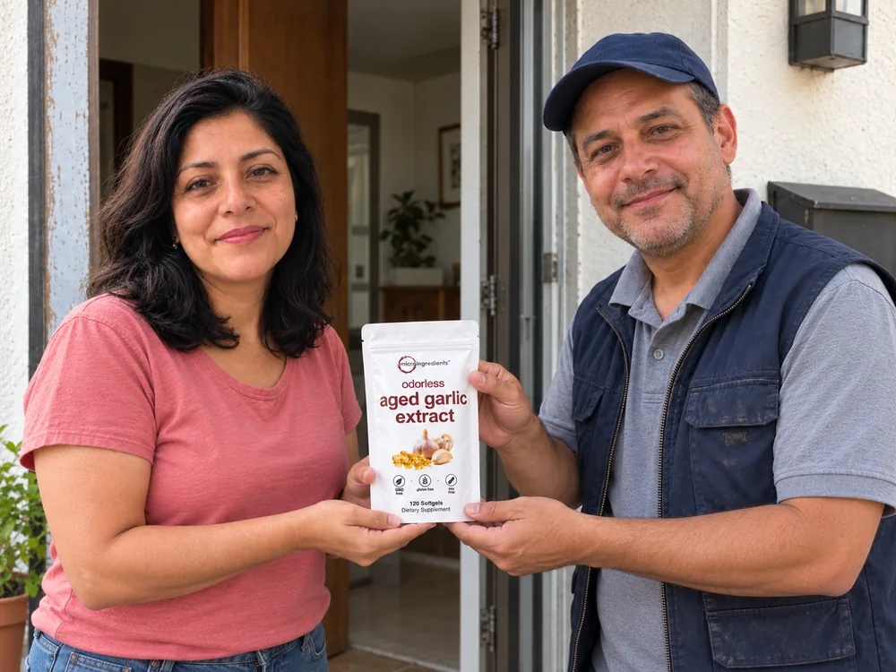 Escena ficticia con IA: un repartidor entrega Aged Garlic Extract a Patricia en la puerta de su casa.