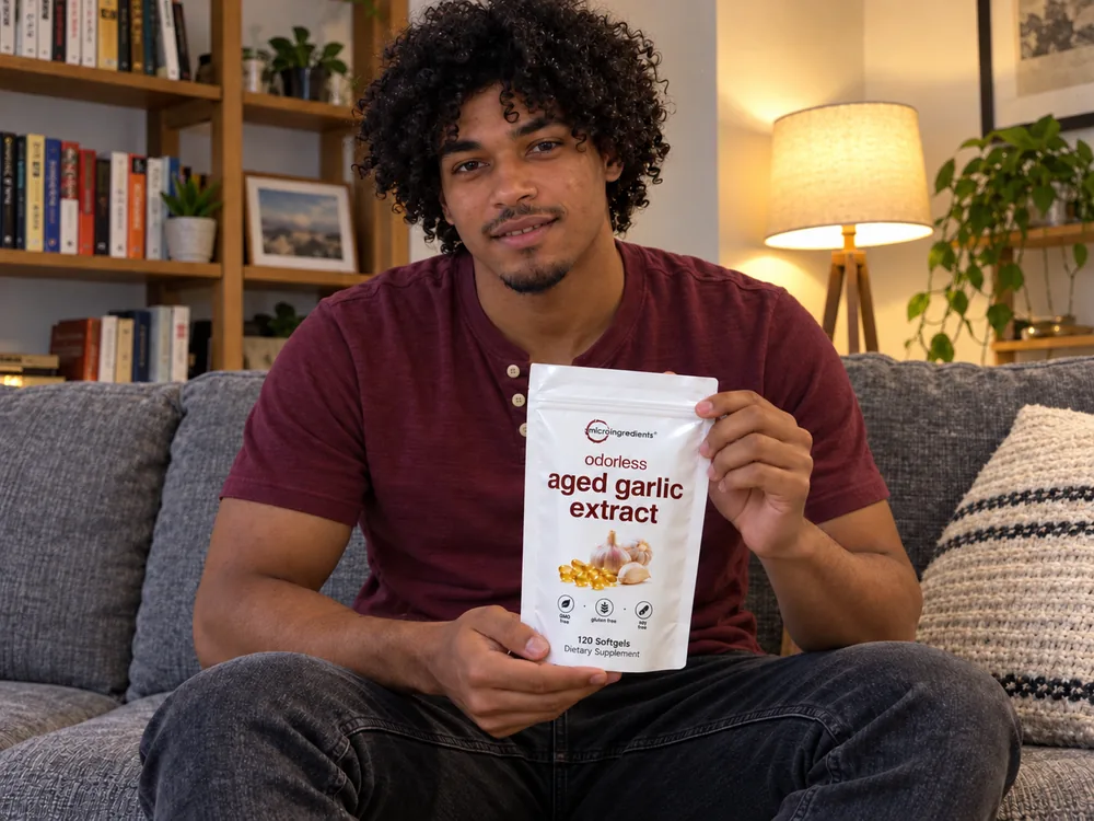Escena ficticia con IA: Diego mira a cámara desde el sofá y sostiene Aged Garlic Extract.