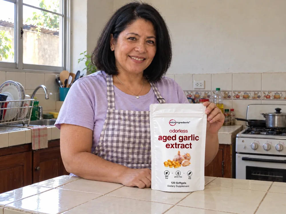 Escena ficticia con IA: Lorena de frente con Aged Garlic Extract sobre la mesa.