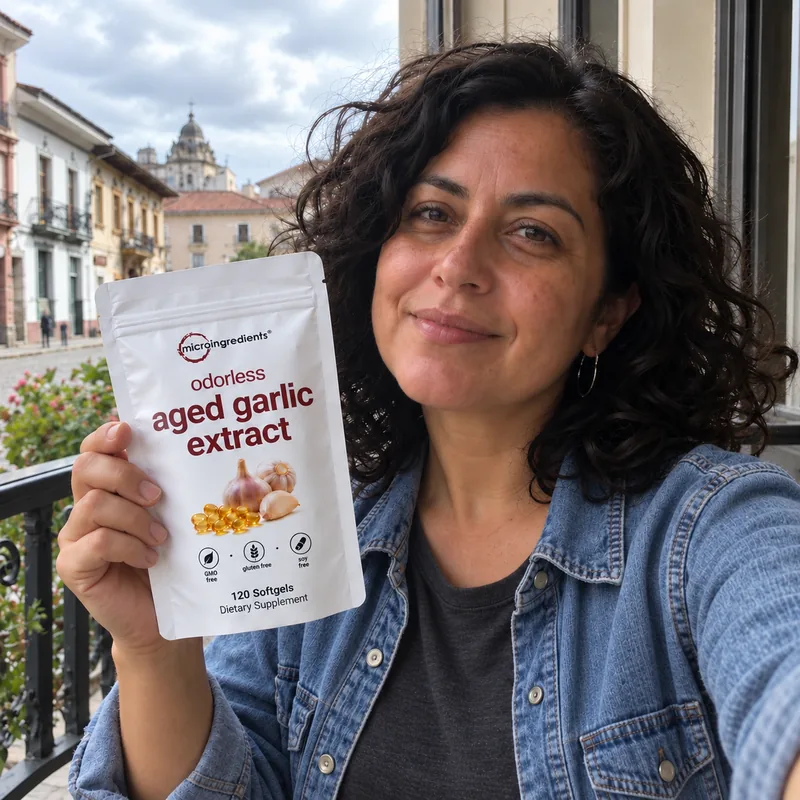 Escena ficticia con IA: selfie de Gabriela con Aged Garlic Extract junto al rostro.