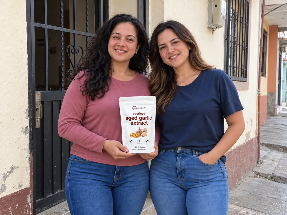 Escena ficticia con IA: Lucía y una acompañante en la puerta de casa con Aged Garlic Extract.