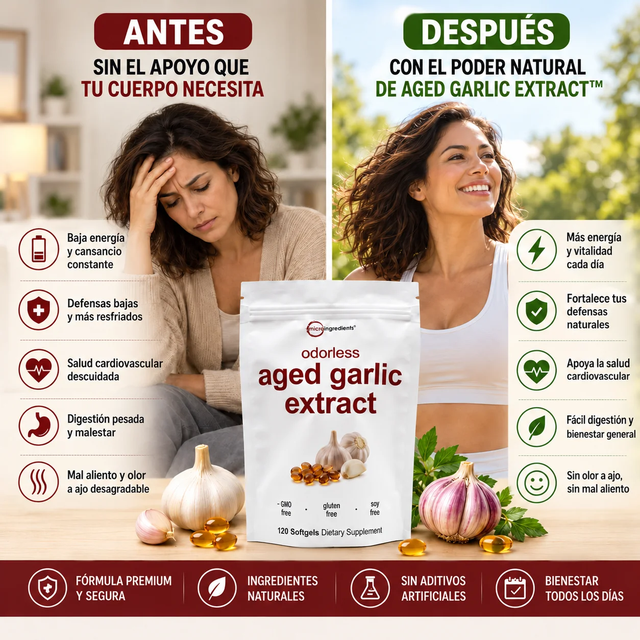 Flyer ilustrativo de antes y después de Aged Garlic Extract. Imagen creada con IA; no representa resultados reales.