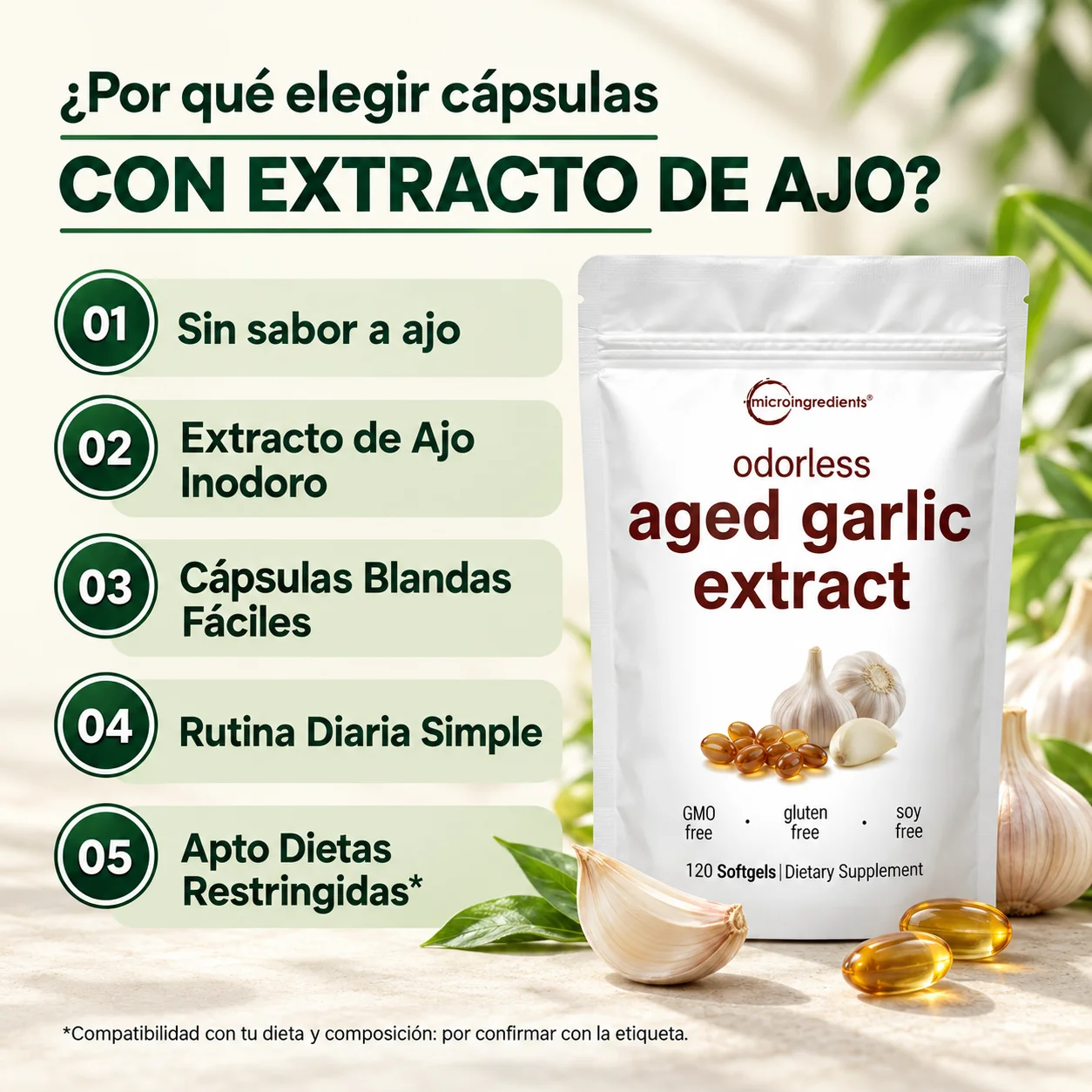 Por qué elegir cápsulas con extracto de ajo: cinco características de la presentación. Compatibilidad con dietas por confirmar con la etiqueta.
