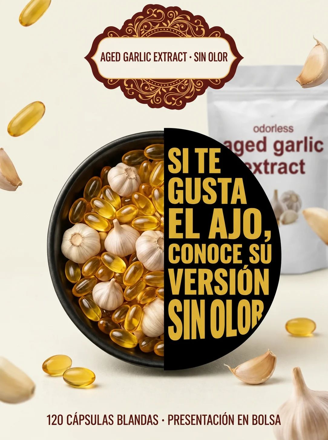 Si te gusta el ajo, conoce su versión sin olor. 120 cápsulas blandas, presentación en bolsa.